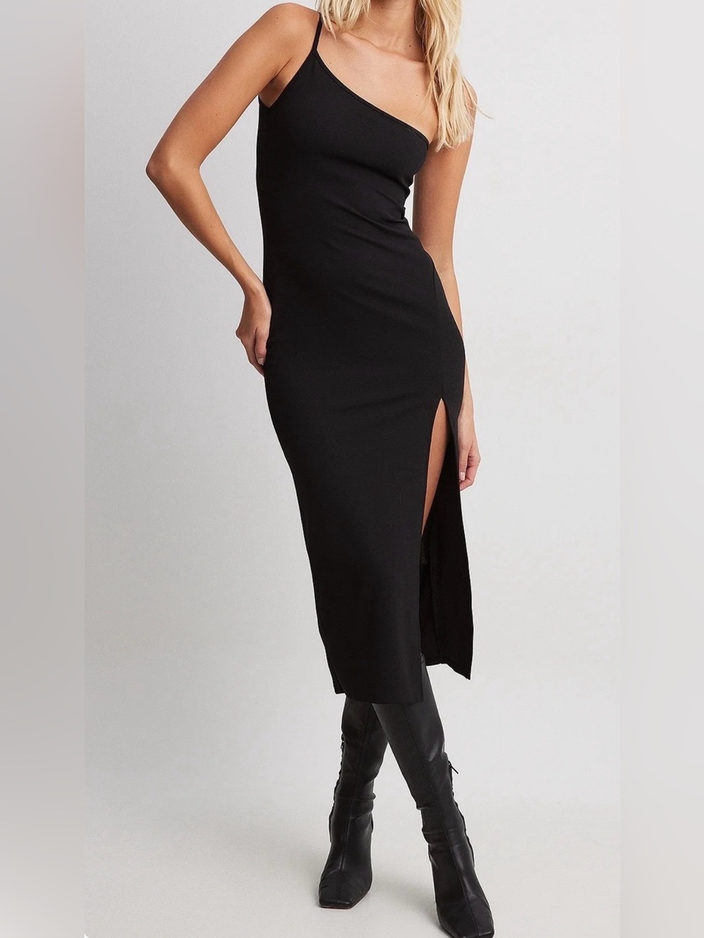 NA-KD one strap black dress with slit